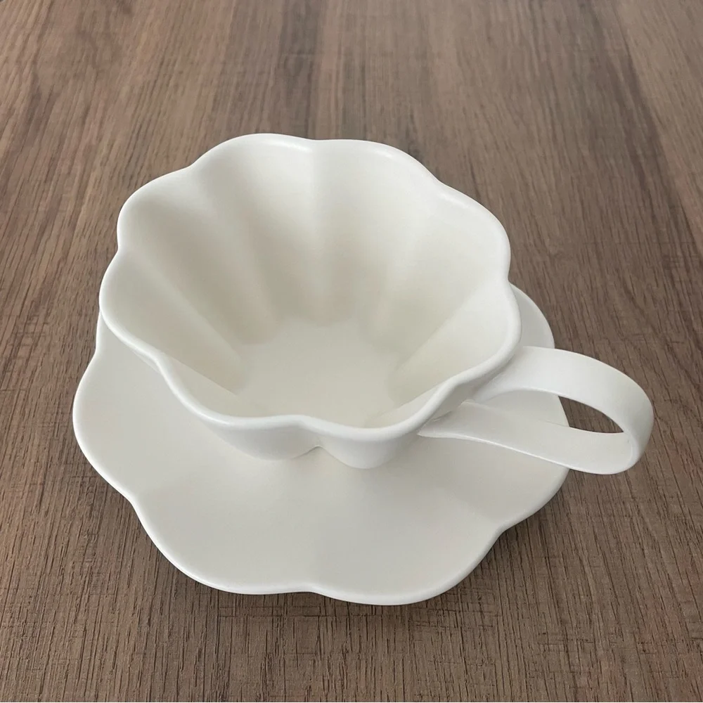 Flower Cup and Saucer Artisanal Porcelain Handmade White Tea Cup